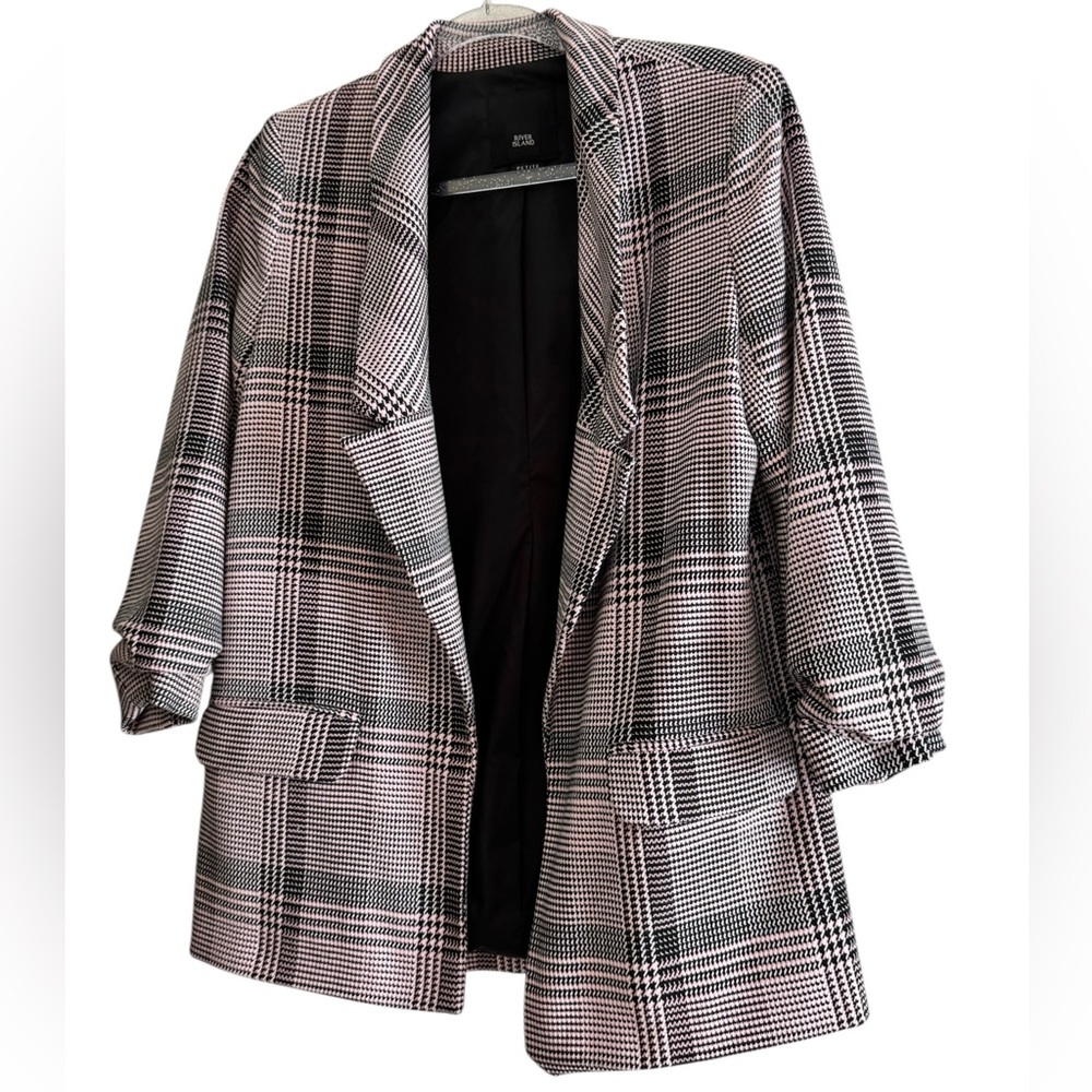 River Island Pink Plaid Open Front Blazer Size 6 Petite